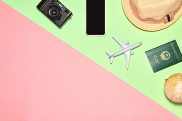 Travel background with traveler accessories. Vacation and travel items