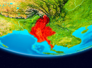 Satellite view of Myanmar in red