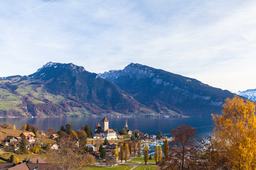 Aerial view of Spiez town and castle