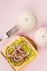 Fototapeta na wymiar Vegetarian Avocado and Jarisberg Cheese Rye Bread Open Faced Sandwich With Sliced Onions