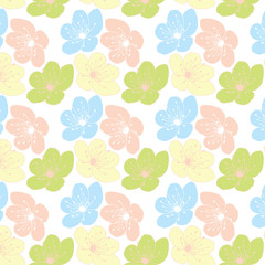 Hand drawn cherry blossom flower vector pattern in a blue, yellow, pink and gray  color palette