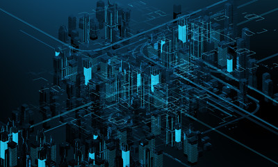 Futuristic skyscrapers in the flow. The flow of digital data. city of the future. 3D illustration. 3D rendering