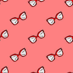 Glasses seamless pattern. Hand draw red glasses seamless pattern design on pink background. Seamless pattern design for print, textile, fabric, clothing, accessories, modern hipster accessories