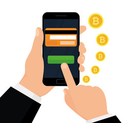 Crypto Currency Concept. Hand Holding Smartphone with Bitcoin Currency. Vector illustration. Flat design.