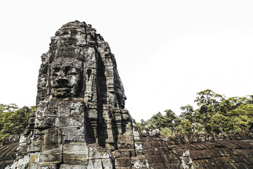 Bayon temple faces view isolated on white background, Angkor, Cambodia