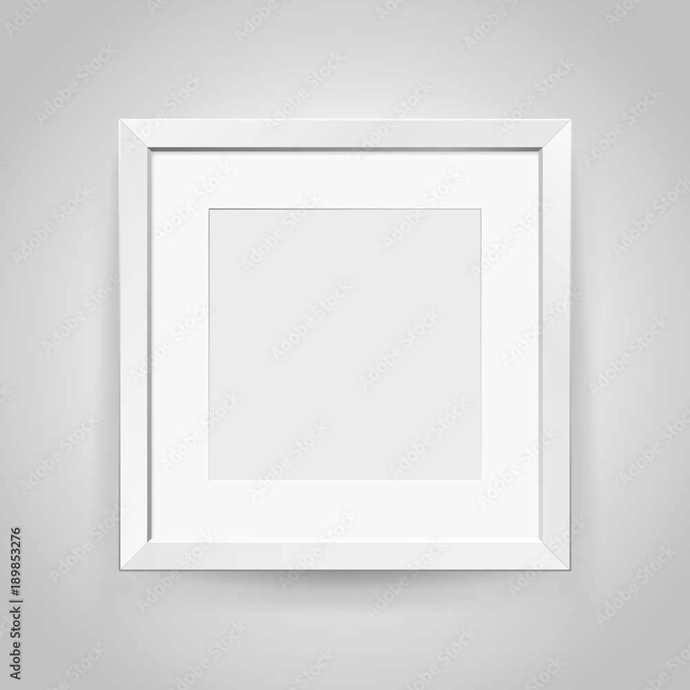 Poster realistic empty white frame with passepartout on gray background, border for your creative project, 