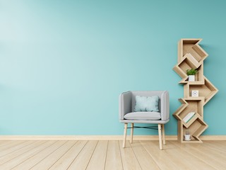 Bookshelf in living room have armchair and blue wall background,3D rendering