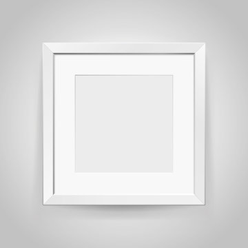 Realistic empty white frame with passepartout on gray background, border for your creative project, mock-up sample, vector design object