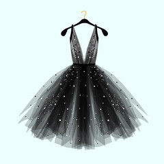 Black fancy dress for special event with decor. Vector Fashion illustration for online shop - obrazy, fototapety, plakaty