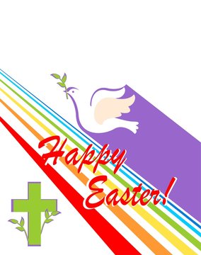 Greeting easter card with cut out paper flying dove with olive branch, cross and rainbow. Flat design