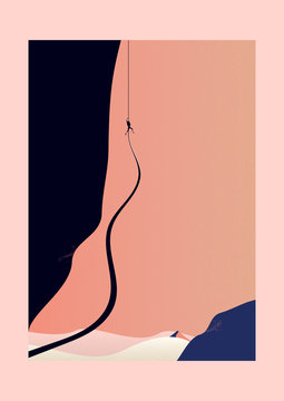 Climber rappelling down a cliffside at dusk 