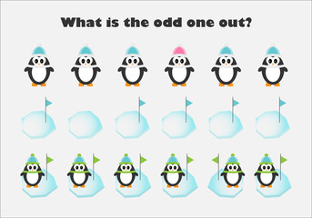 What is the odd one out for children, penguins in cartoon style, fun education game for kids, preschool worksheet activity, task for the development of logical thinking, vector illustration