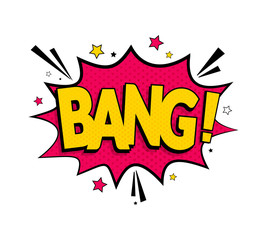 Comic lettering bang. Vector bright cartoon illustration in retro pop art style. Comic text sound effects. EPS 10.