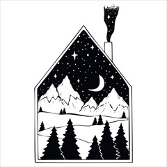House with a winter landscape of mountains and snow with trees in the style of hipster