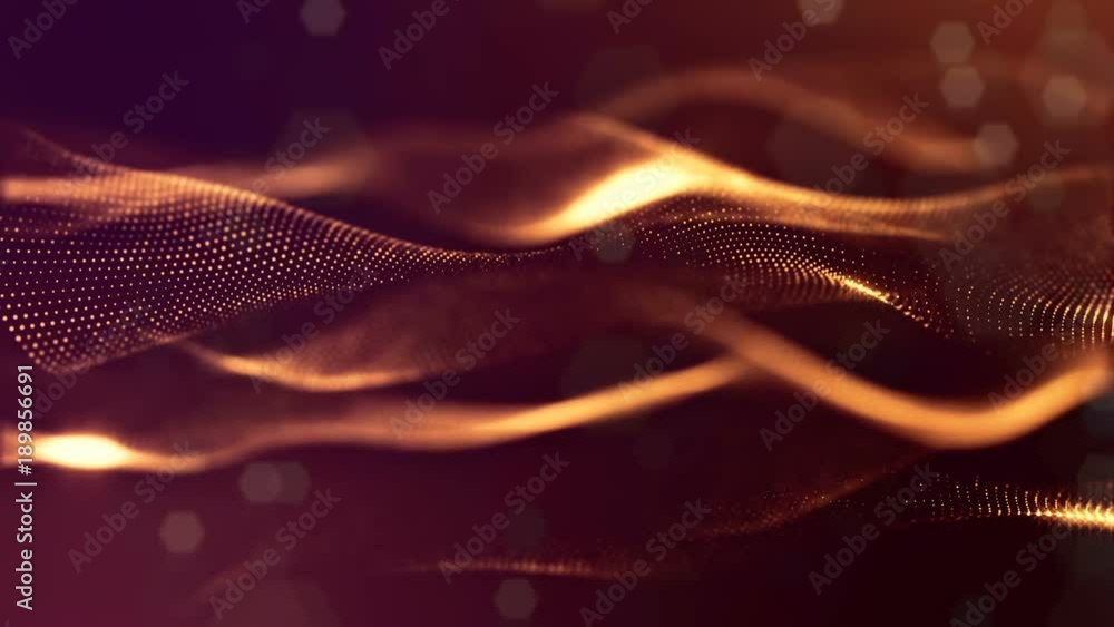 Poster Virtual space with depth of field for HUD digital elements. Loop gold background illustrating the microcosm or nanotechnology. Seamless abstract bg with particles form lines, surface and grid. V7