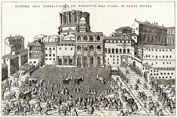 Pope give his blessing to the people who gathered at St. Peter's Square, around 1550 (from Spamers Illustrierte  Weltgeschichte, 1894, 5[1], 440/441)