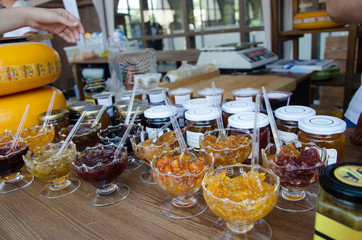 Table served with condiments for cheese party