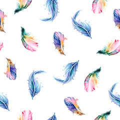 Seamless pattern with isolated watercolor feathers. Hand painted colorful feathers. Tribal boho aztec background perfect for textile