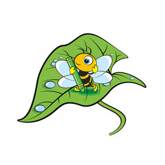 bee with color stick on green leaf vector drawing