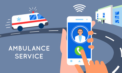 Emergency call concept illustration. Ambulance car, hands dialing number ambulance service operator, hospital building. Modern flat style design - 189860455