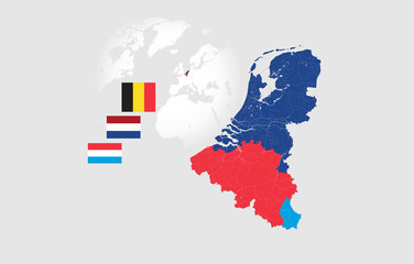 Map of BeNeLux countries with rivers and lakes and the national flags of this countries. - obrazy, fototapety, plakaty