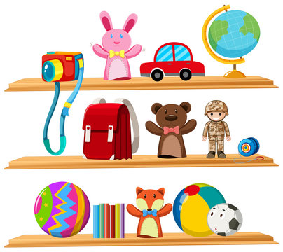 Toys and books on wooden shelves