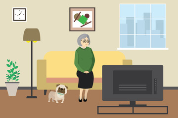Cartoon old or grandmother woman at home watching tv with dog