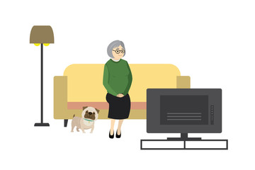 Cartoon old or grandmother woman at home watching tv with dog