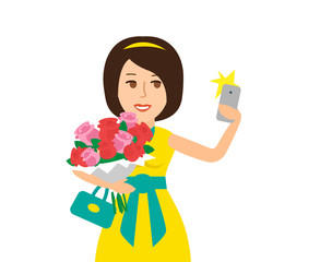 beautiful woman taking selfie photo with flower bouquet
