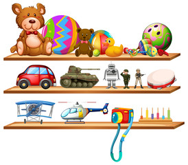 Toys on wooden shelves