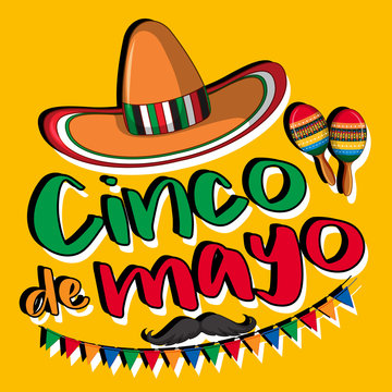 Cinco de mayo poster design with hat and maracas