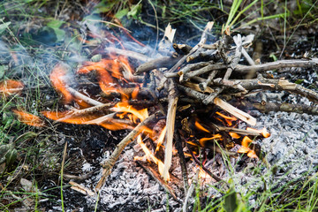 The fire in the green grass. A fire in the woods. Barbecue on the nature, picnic.