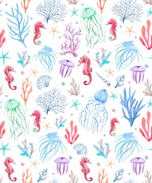 Watercolor sea life vector pattern