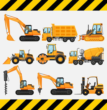 Different types of construction trucks