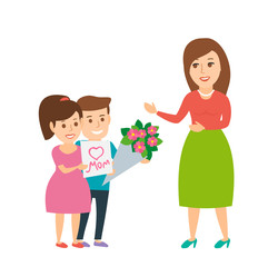 mother's day. children give to mom bouquet of flowers