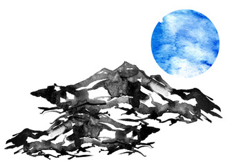 Watercolor mountain landscape, black silhouette mountains, peak, blue moon, full moon.  Watercolor landscape,   painting. Graphic pattern on white isolated. 