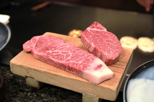 Filet Of Original Kobe Beef On A Wooden Plate Served At A Restaurant At Kobe, Japan