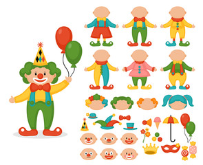 Cute clown character creator set.