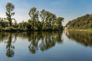 A walk on the banks of the River Ruhr near Muelheim, Ruhr Area, North Rhine-Westphalia, Germany