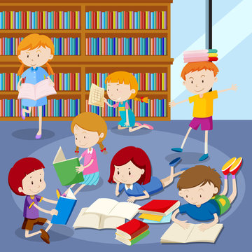 Many students reading books in library