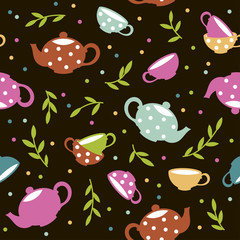 Seamless pattern with colorful teapots and cups. Vector template suitable for wrapping paper, bedding pattern for kids,  print on clothes.