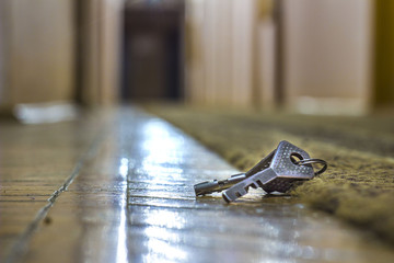 lost keys in the hotel lobby from the office, the background and background are blurred with the...