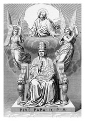 Allegorical apotheosis of Pope Pius IX on his throne, surrounded by angels and Jesus Christ, vintage engraving