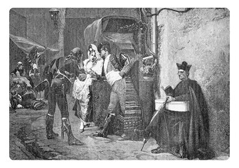 Vintage engraving, travellers at the post station waiting for the coach in a Spanish village