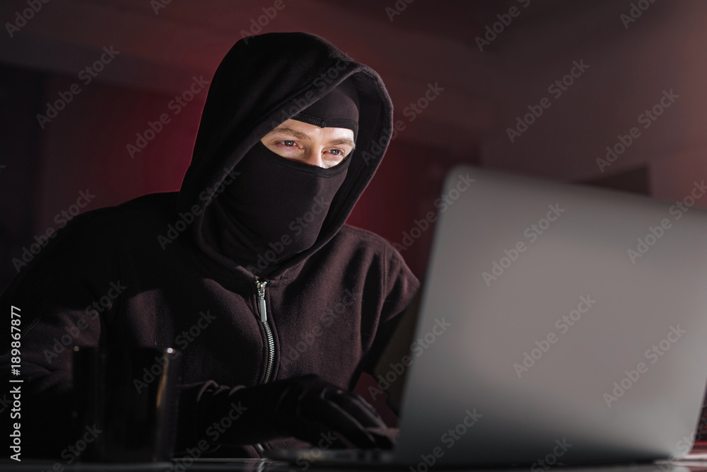 Poster portrait of calm computer burglar stealing information from laptop while locating at desk in room. f