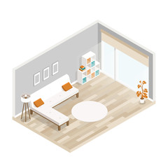 Room isometric design with sofa,coffee table,lamp,bookcase.City hotel flat illustration.Isometric living room with furniture.Isometric luxury interior for lounge with wood floor,big window,sofa, lamp