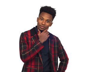 pensive young man wondering thinking person on white background red plaid jacket and bow tie