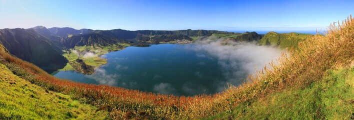 Panoramic view of the Lagoa de sete cidades at Sao Miguel island, the main island of the portuguese islands of the Azores