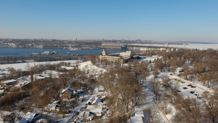 Landscape on the Dnipro River and Dnieper Hydroelectric Station, Zaporizhia.