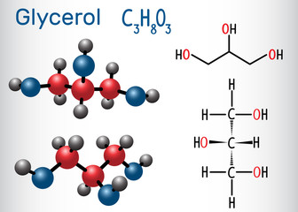 Glycerol (glycerine) molecule. Structural chemical formula and molecule model